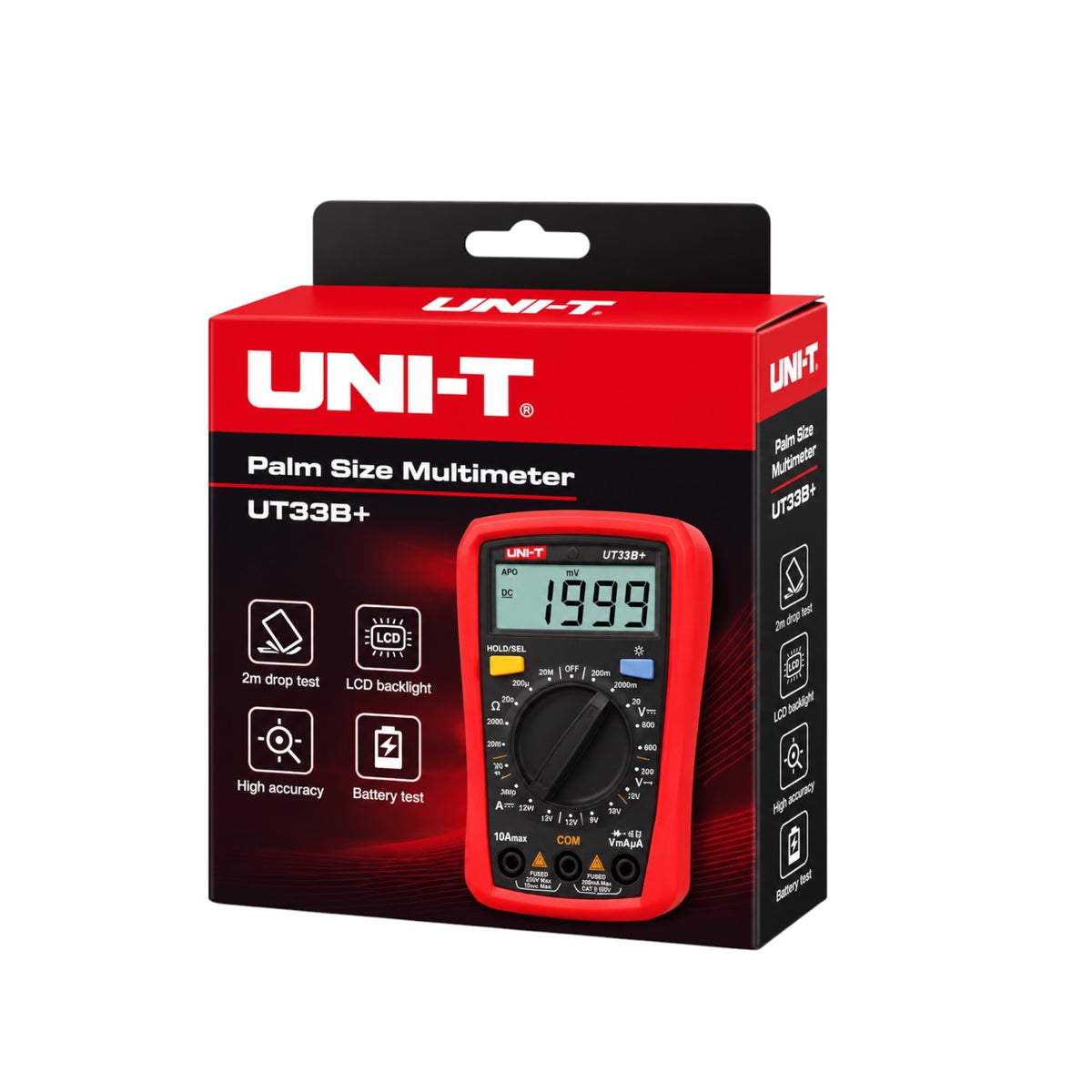 A red and black UNI-T UT338+ Palm Size Multimeter shown in its retail packaging box against a plain white background.