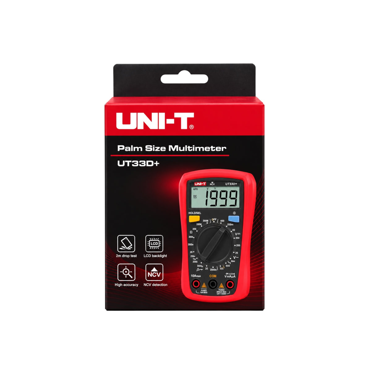 A UNI-T UT330+ digital multimeter in its original retail packaging. The box is black and red with the UNI-T logo, and the multimeter itself is pictured on the front, showing a red casing and a digital display screen.