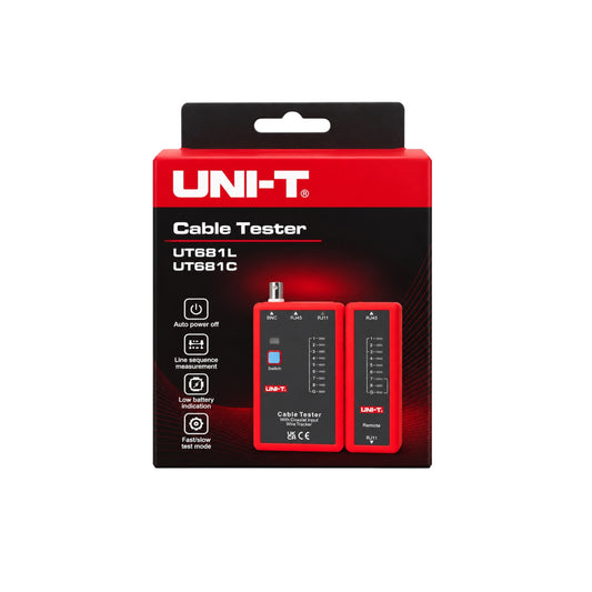 A retail-packaged UNI-T Cable Tester (model UTE81L / UTE81C) featuring two red and black handheld testers inside a black and red cardboard box.