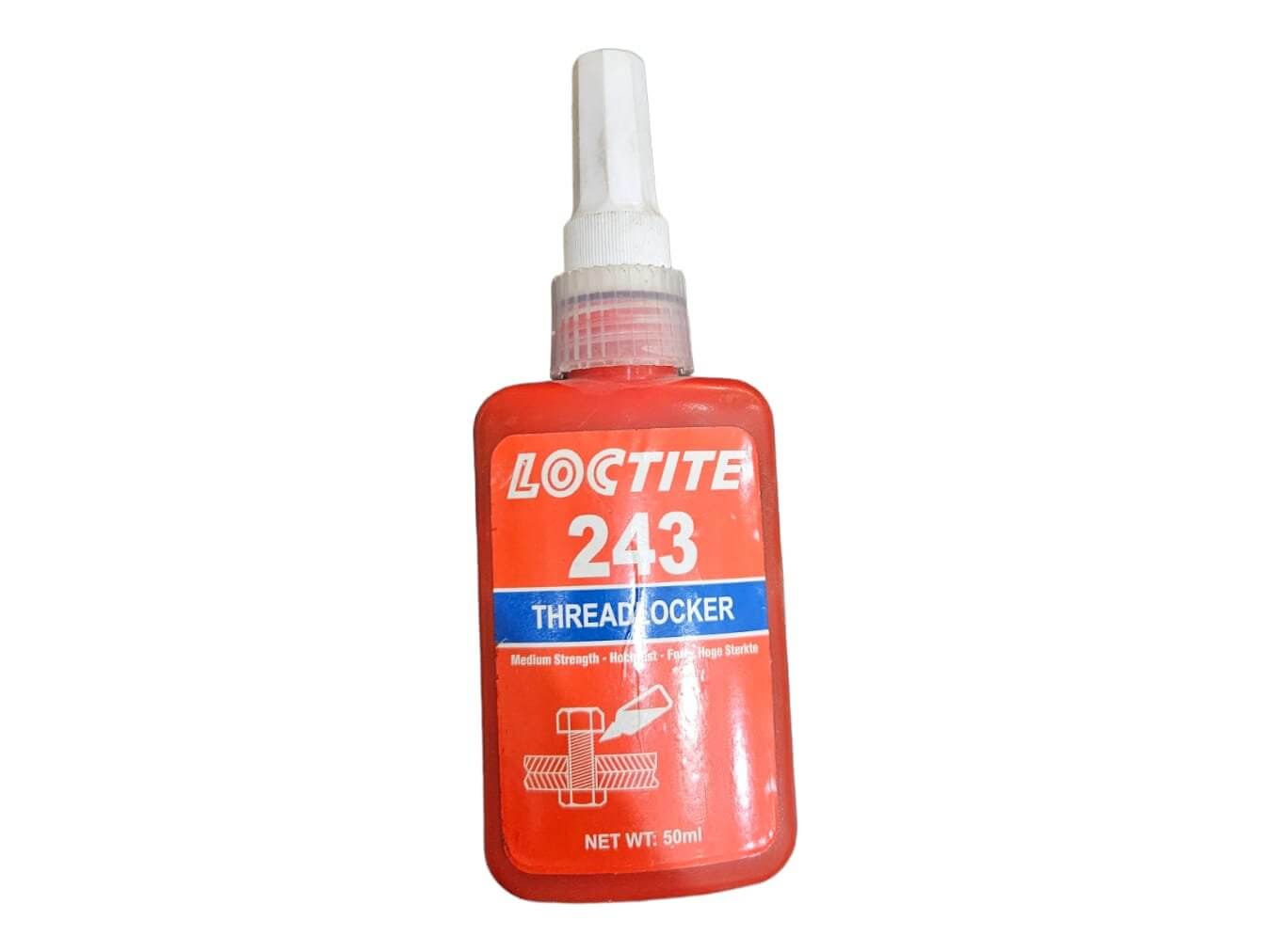 LOCTITE® 243 Blue Medium Strength Threadlocker bottle for securing fasteners and bolts.