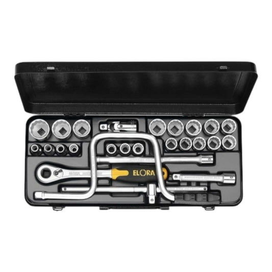 771-LM Socket Set 26pcs 1/2″ 12P Elora in black metal case with tools displayed, designed for professional mechanics and industrial use.