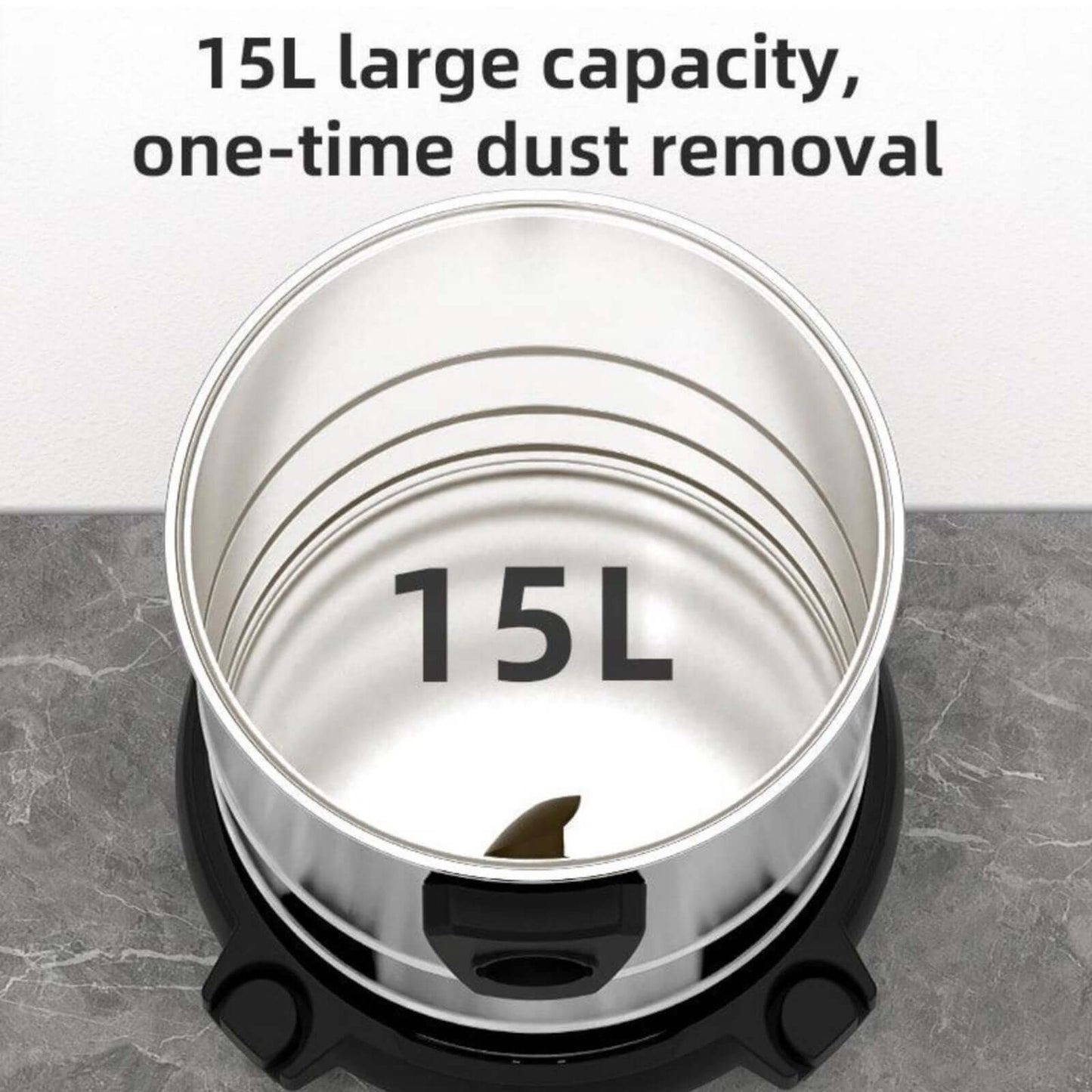DL881815 Vacuum Cleaner 15L 1100w DELI stainless-steel drum showcasing 15L large capacity for efficient dust removal