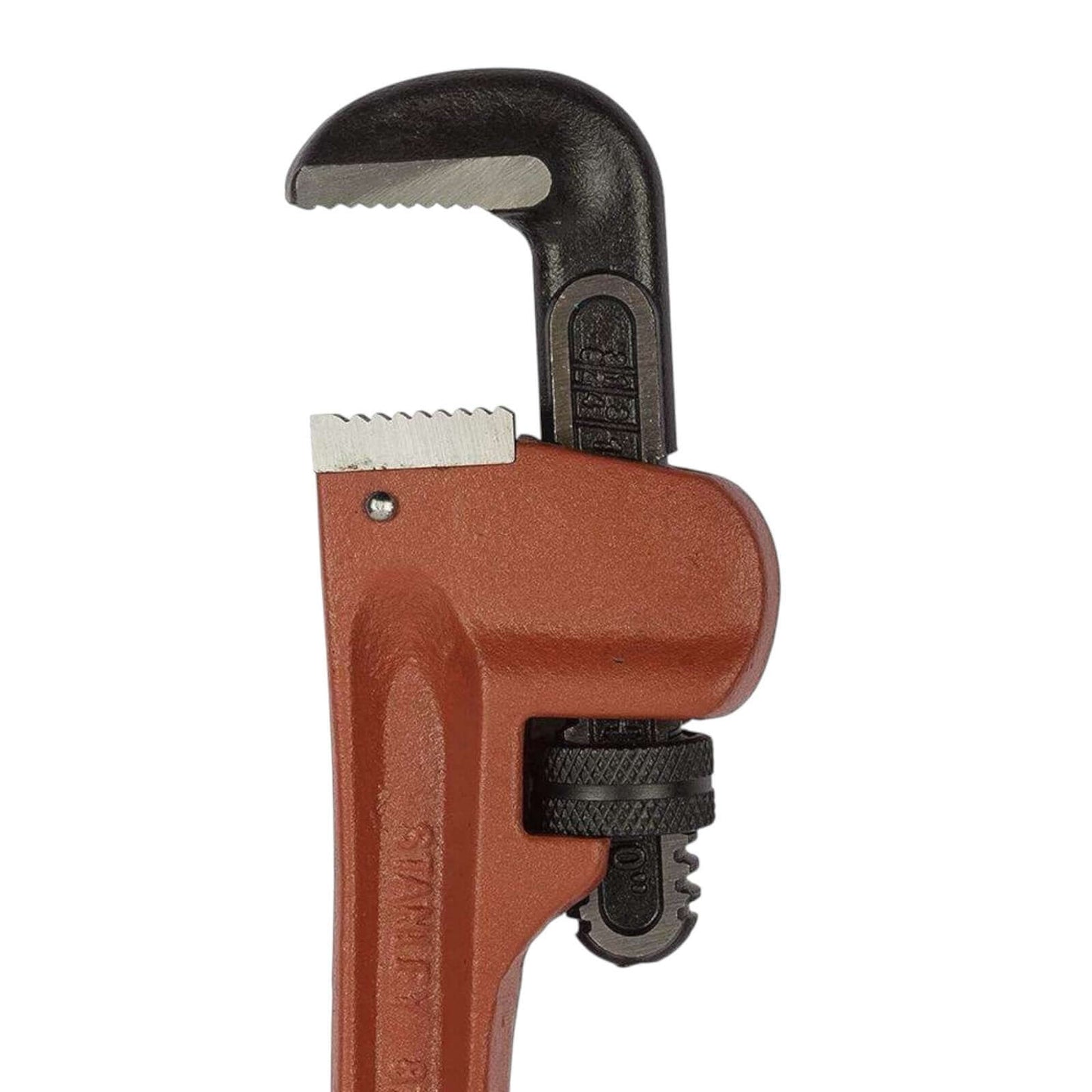 Close-up of 87-622 Heavy Duty Pipe Wrench 10″ Stanley with cast iron build and adjustable jaw.