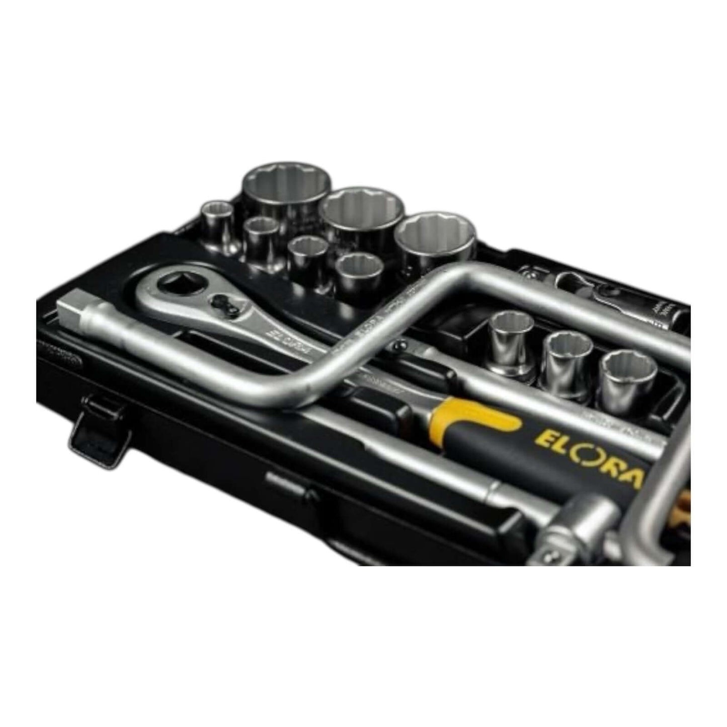 Close-up of ELORA 771-LM Socket Set 26pcs 1/2″ 12P showing tools in a black metal case