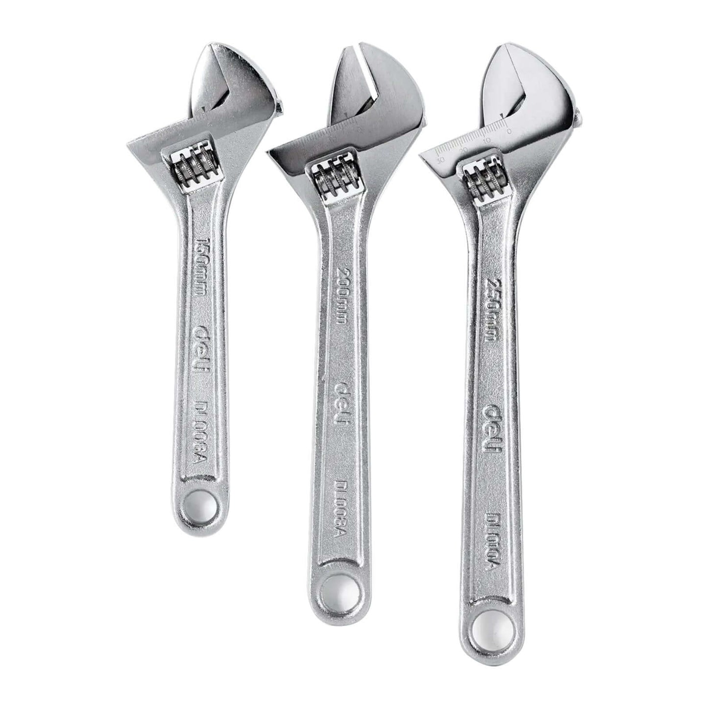 Set of three DELI Adjustable Wrenches with smooth adjustable jaws, ideal for precision and versatility in professional and DIY tasks.