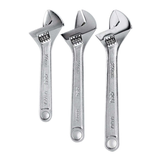 Set of three DELI Adjustable Wrenches with smooth adjustable jaws, ideal for precision and versatility in professional and DIY tasks.