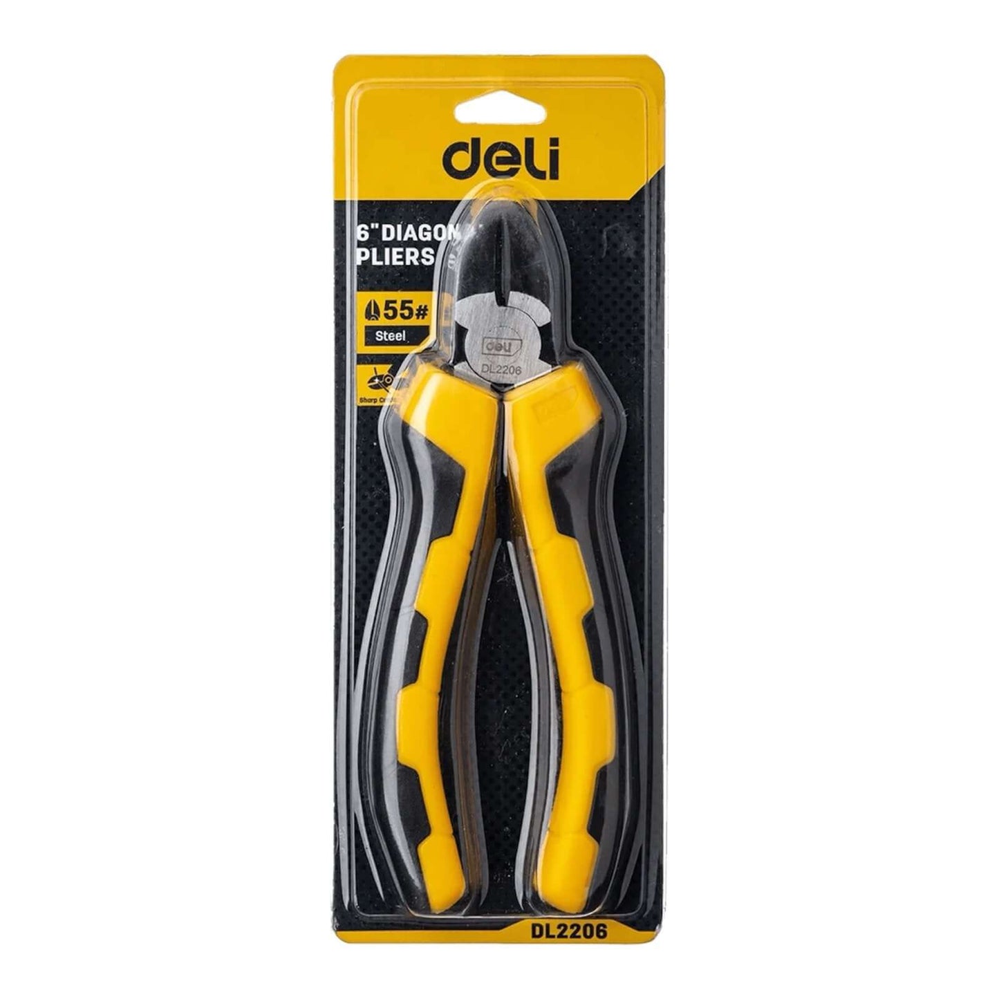 DL2206 Diagonal Cutting Pliers 6″ (DELI) in packaging, featuring ergonomic design and high-quality 55# carbon steel construction.