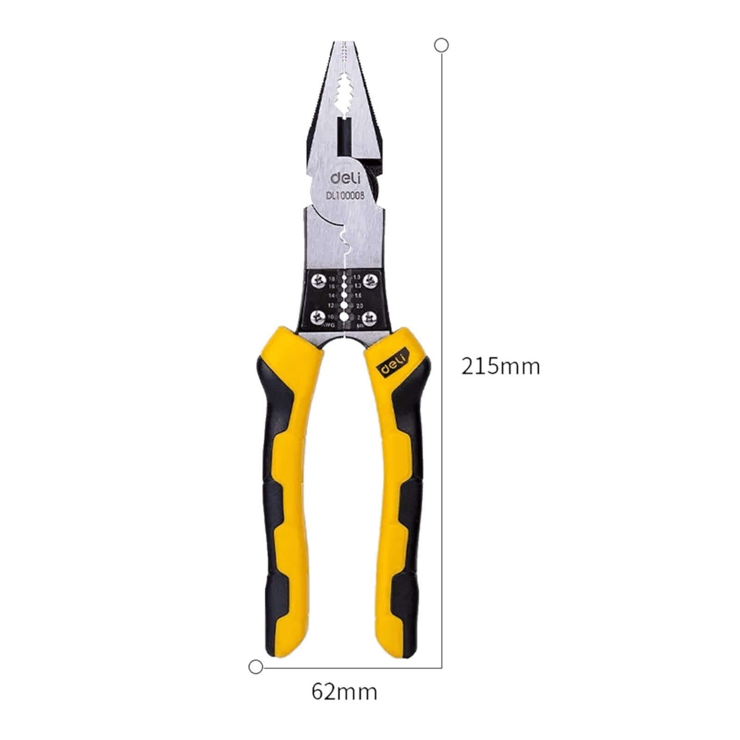 DL100008 Multifunctional Combination Plier 8.5″ (DELI) with yellow and black handles for gripping, cutting, and bending wires.