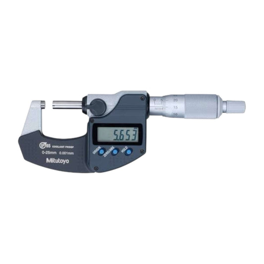 293-240-32 Coolant Proof Digital Micrometer, 0 to 25 mm, 0.001 mm (MITUTOYO) displaying measurement on LCD screen