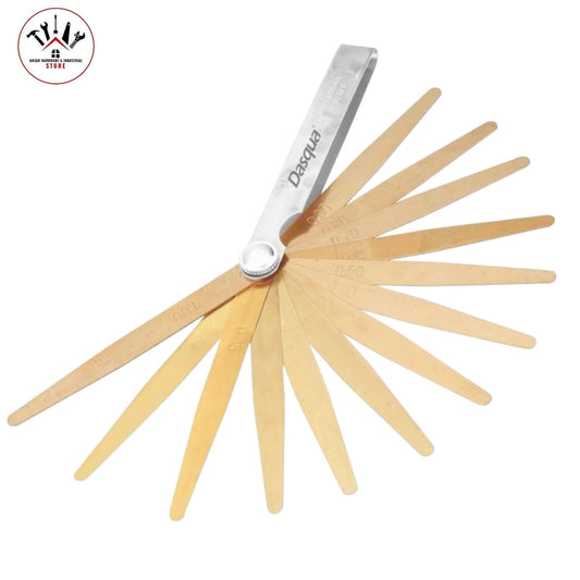 1620-0101 Brass Feeler Gauge Set (DASQUA) precision tool for gap measurement with 13 conical brass blades, ideal for non-magnetic tasks.