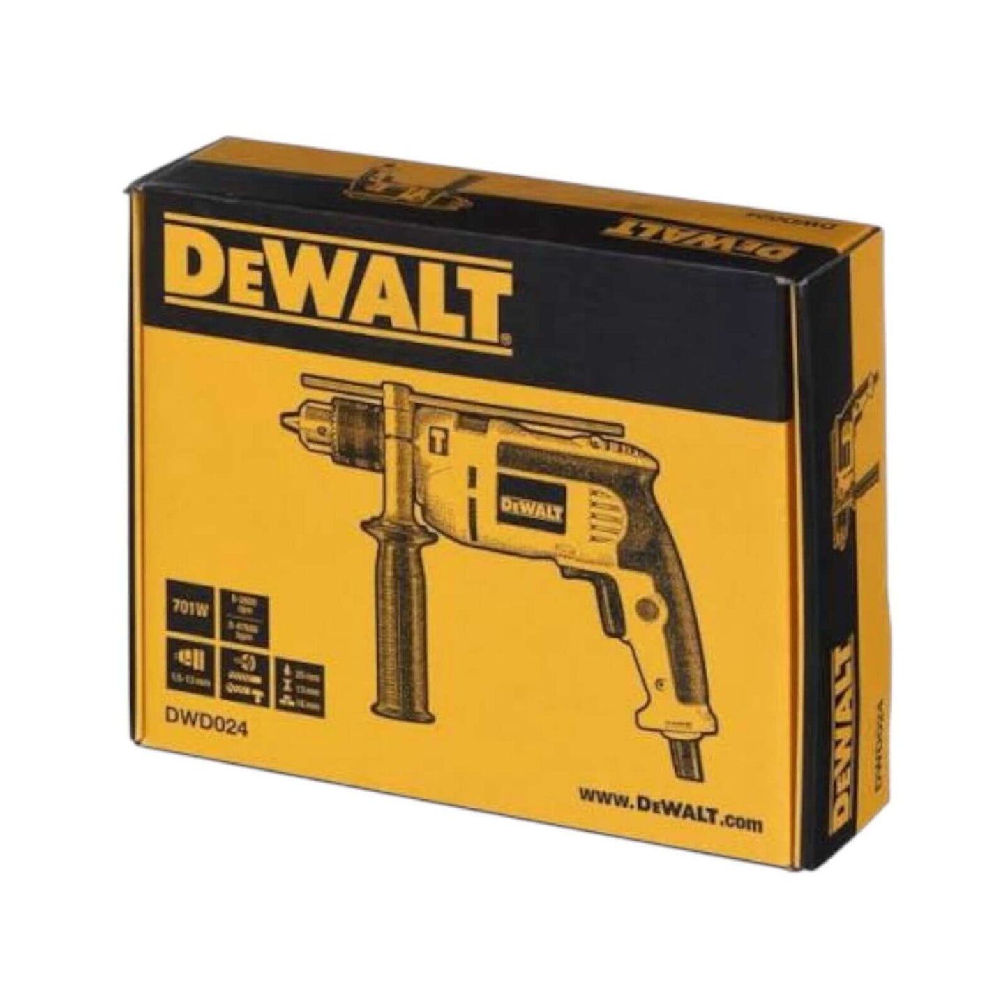 Box of DWD024 Rotary Hammer Drill 13MM 650W (DEWALT) illustrating product packaging and design.