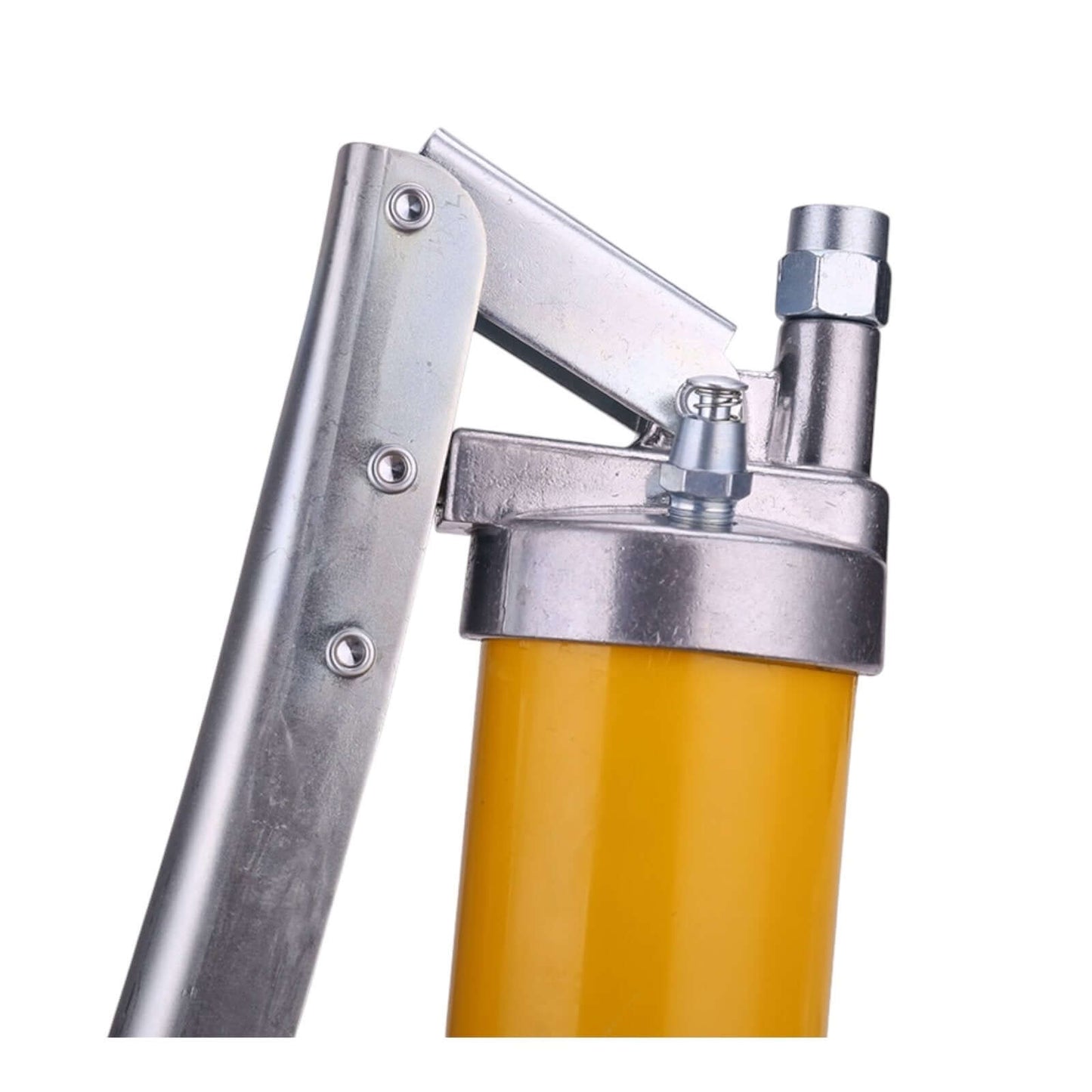 Close-up of DL2601B Heavy Duty Grease Gun 600CC/21 0Z (DELI) in yellow with metal handle, ideal for automotive and industrial use.