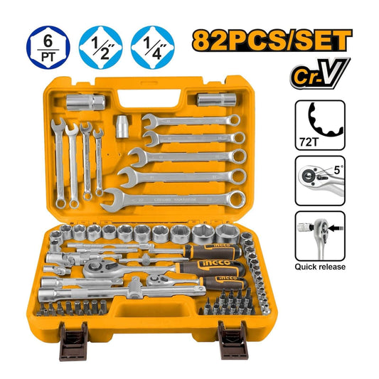 HKTS42802 82 Pcs 1/4″&1/2″ Socket set Ingco - Complete toolkit for mechanics and DIY