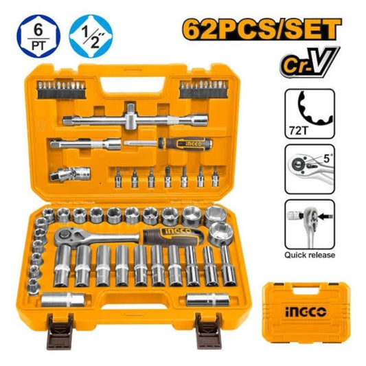 HKTS12602 Industrial 62 Pcs 1/2″ socket set Ingco displayed in an open yellow case showing various professional tools.