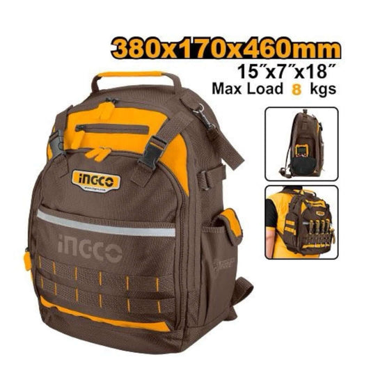 HBP01028 Industrial Tool backpack Ingco made with 1680D polyester, ample storage, shown with tools, brown and yellow design, 38x17x46 cm.